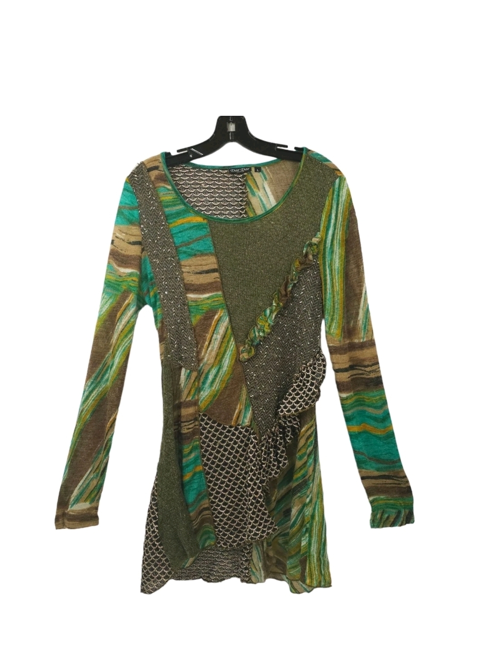 Dor Dor Green Multicolor Patchwork Long Sleeve Tunic